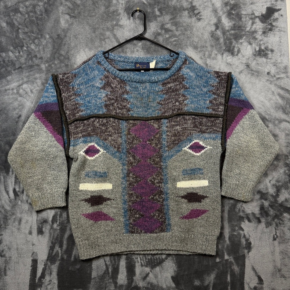 Bonnie Lee Sweater Mens 42 Grey Geometric Southwestern Vintage Knit Pullover